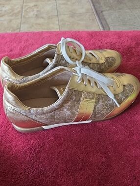 Coach Metallic Gold and Brown Signature Low-Top Sneakers